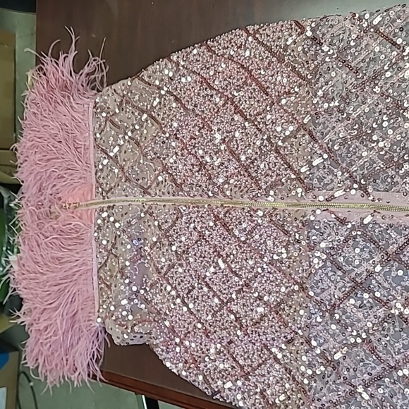 NWT BRONX AND BANCO Coco x Afiya Sequin Ostrich Feather Midi Dress Rose Pink - Picture 5 of 6